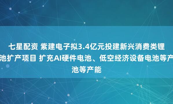 七星配资 紫建电子拟3.4亿元投建新兴消费类锂电池扩产项目 扩充AI硬件电池、低空经济设备电池等产能